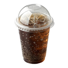 Plastic cup with dome lid filled with sparkling beverage and clear straw