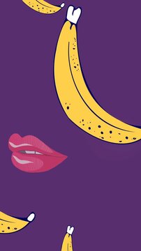 Animation of lips and banana icons over purple background