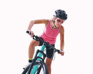 Young Woman In Professional Sportswear, Riding Her Mountain Bike