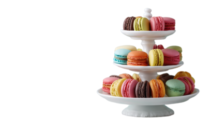 A three tiered stand filled with colorful macarons on a   isolated on transparent background