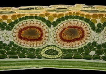 Hyper detailed magnified imagery of resin ducts in pine needle showing round cavities lined with epithelial cells for resin secretion and defense mechanism