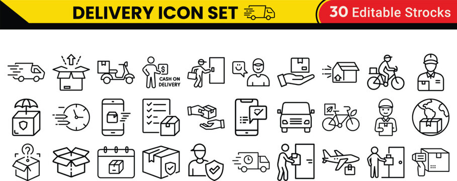 Delivery and Courier Icons – Editable Stroke Vector Set