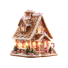 Illuminated Gingerbread House for Christmas holiday decoration isolated on transparent background