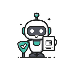 A cheerful robot character stands proudly, holding a calendar and checklist. The robot is designed in a cartoonish style, emphasizing approachability and fun.