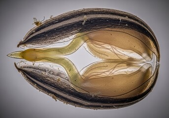 Hyper-realistic magnified imagery of sunflower embryo axis showing radicle, hypocotyl, and cotyledons, fragile developmental structures preserved in natural clarity