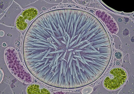 Hyper-realistic magnified view of idioblast cell with needle-like raphides bundled tightly inside cell vacuole, fragile crystalline inclusions preserved clearly