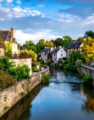 Fototapeta premium Picturesque village nestled beside a calm river, showcasing colorful buildings and lush greenery under a vibrant sky
