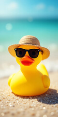 Obraz premium Yellow Rubber Duck with Sunglasses and Beach Hat on Sunny Holiday Sand Background