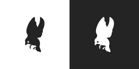 black and white bird logo, icon. animal, fly, flying, nature, feather, wild, wildlife, fauna, wing, sticker, clipart, flat, vector illustration.	