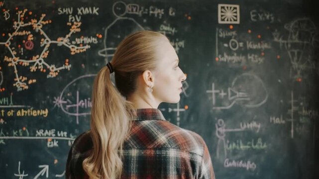 Woman facing chalkboard covered in mathematical equations and scientific diagrams