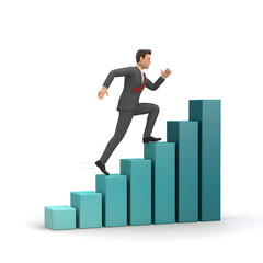 Businessman running up a growing blue bar chart

