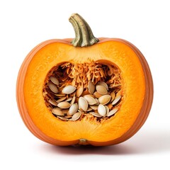 A fresh pumpkin cut with seeds on a white background is a symbol of harvest