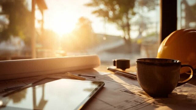 Engineering Workspace: A cozy construction office bathed in sunlight, showcasing the tools of the trade: blueprints, a tablet, and coffee cups.