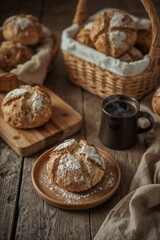 Artisan sourdough bread rolls in wicker basket with coffee on rustic wooden table