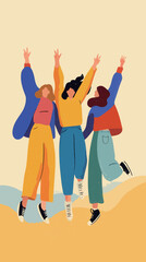 Three friends joyfully lift their arms in celebration against a cheerful background. They wear vibrant outfits while enjoying a sunny day together.