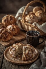 Broken artisan bread roll revealing soft crumb texture with coffee on rustic table