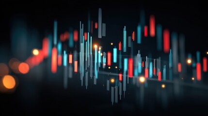 Abstract financial data visualization with glowing candlestick chart, depicting market trends and dynamics in vibrant blue and red colors against a dark background.