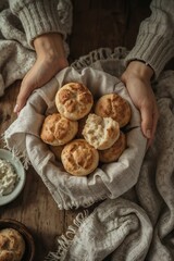 Protective hands cupping freshly baked biscuits with one split open showing fluffy interior