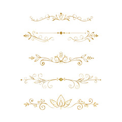 Collection of hand drawn golden text dividers. Calligraphic lines, vintage gold borders and wedding card breaks. Vector isolated flourish ink elements.