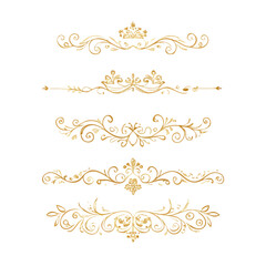 Collection of hand drawn golden text dividers. Calligraphic lines, vintage gold borders and wedding card breaks. Vector isolated flourish ink elements.