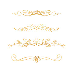 Collection of hand drawn golden text dividers. Calligraphic lines, vintage gold borders and wedding card breaks. Vector isolated flourish ink elements.