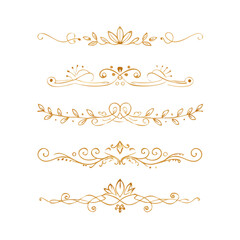 Collection of hand drawn golden text dividers. Calligraphic lines, vintage gold borders and wedding card breaks. Vector isolated flourish ink elements.