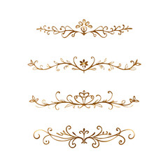Collection of hand drawn golden text dividers. Calligraphic lines, vintage gold borders and wedding card breaks. Vector isolated flourish ink elements.