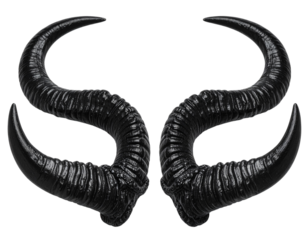 Pair of Glossy Black Curved Demon Horns, Front View, isolated on transparent background.