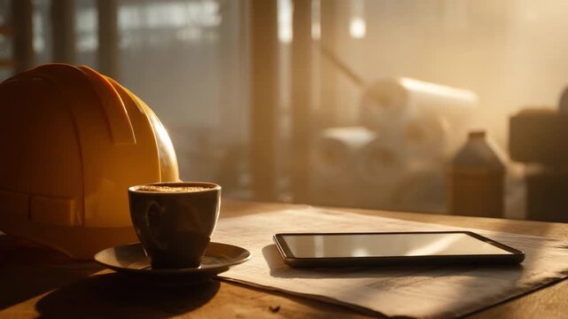 Coffee Break at the Construction Site: A steaming cup of coffee, alongside a hard hat and tablet, rests on a work table amidst the industrial ambience. The sunlight casts a warm glow.
