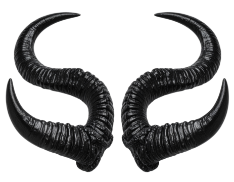 Pair of Glossy Black Curved Demon Horns, Front View, isolated on transparent background.