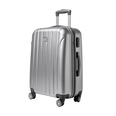 A modern, sleek silver suitcase is prominently displayed against a black background.