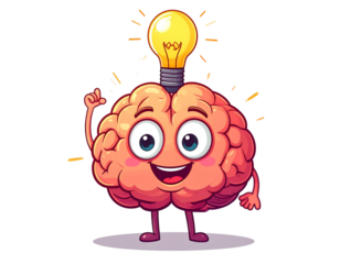Cute Cartoon Brain Character Holding Lightbulb, Creative Idea Concept, Isolated on transparent Background