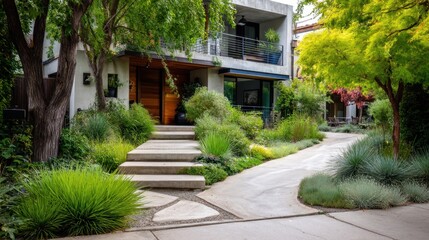 Obraz premium Modern home exterior with lush greenery, stone path, and contemporary landscaping creating a serene and welcoming atmosphere in a residential neighborhood