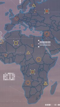 Animation of world map and data processing over london cityscape