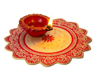 Decorative Clay Diya with Colorful Rangoli Pattern, Diwali Puja Lamp, isolated on transparent background.