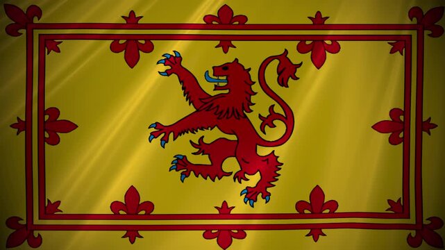 Scotland flag red lion, the lion rampant, royal banner of Scotland featuring a red lion on a yellow field representing monarchy and Scottish royalty Royal arms of Scotland 4K blowing in the wind