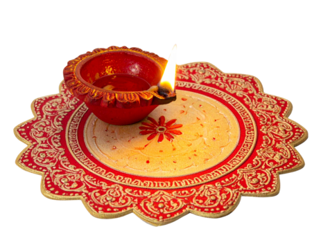 Decorative Clay Diya with Colorful Rangoli Pattern, Diwali Puja Lamp, isolated on transparent background.