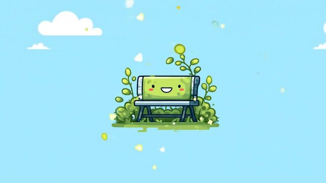 Cartoonish green bench with a happy expression, surrounded by plants and light effects, against a light-blue backdrop with clouds