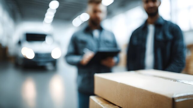 Logistics professionals reviewing delivery schedules in a bright warehouse environment with packages and a van