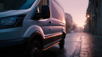A white delivery van parked on a wet urban street at twilight illuminated by soft atmospheric light