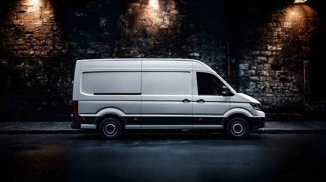White delivery van parked on a dark urban street at night illuminated by soft street lights against a brick wall