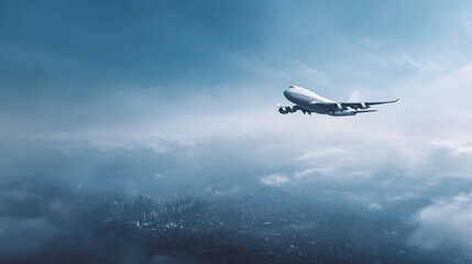 An airplane flies high above a misty urban cityscape under a cloudy atmospheric sky