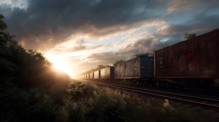 A long freight train with cargo containers moves through a lush countryside at sunset illuminated by dramatic sunlight and golden hour light