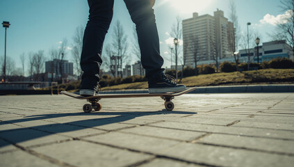Obraz premium Close-Up of a Skateboarder in Action on a Sunny Day
