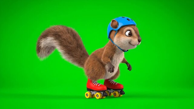 Cartoon Squirrel on Roller Skates with Chroma Key - This video features a cartoon squirrel wearing a blue helmet and red roller skates, standing on a green chroma key background.