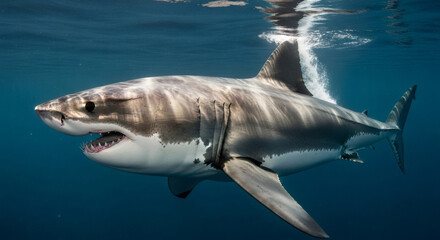 Fototapeta premium Great White Shark Swimming Underwater in Blue Ocean.