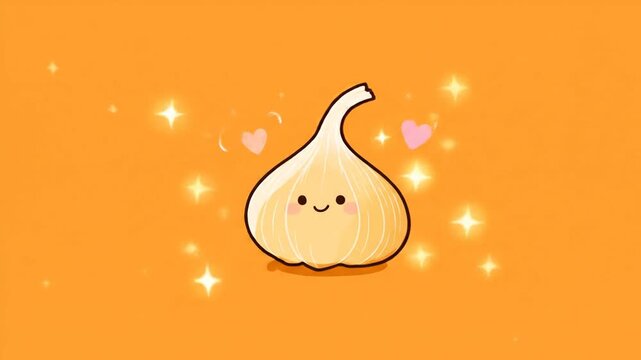 Cute cartoon garlic bulb on an orange background with sparkling highlights. A small pink heart floats near the bulb