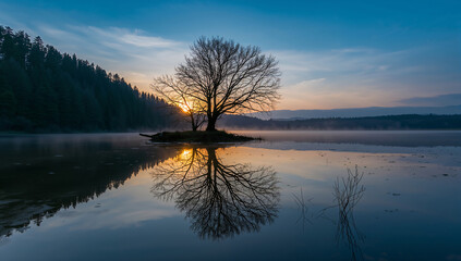 Fototapeta premium Serene Sunset Reflection on Calm Lake with Lone Tree