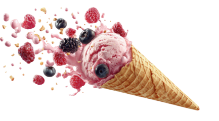 A vibrant image of a pink ice cream cone with a flurry of berries
