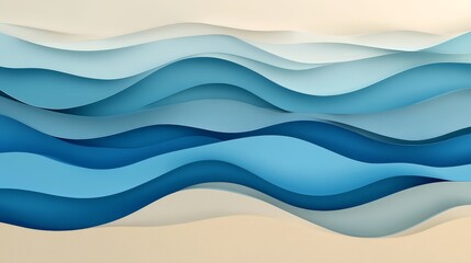 Fototapeta premium stylized sea wave cutouts stacked horizontally in gradient blues over sandy beach strip with ample empty banner space at top